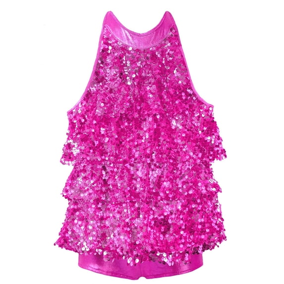 Sinleey Kids Girls Shiny Sequins Halter Ballet Dance Leotard Dress Latin Jazz Dancing Performance Costume Rose 16