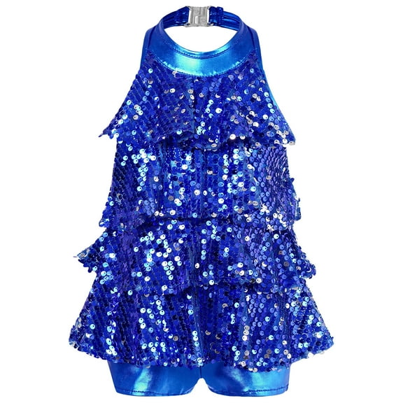 Sinleey Kids Girls Shiny Sequins Halter Ballet Dance Leotard Dress Latin Jazz Dancing Performance Costume Royal Blue 10
