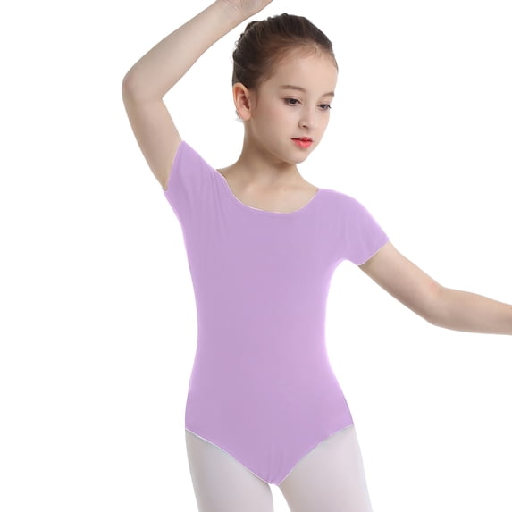 Sinleey Kids Girls Short Sleeves Cotton Ballet Dance Leotard Stretchy Gymnastic Bodysuit Athletic Unitard Purple 12