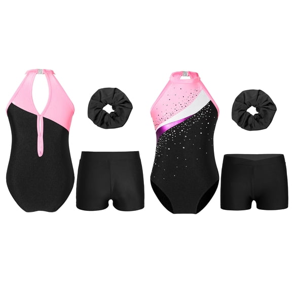 Sinleey Kids Girls Sleeveless Gymnastics Leotard Ballet Dance Athletic Unitard with Shorts Hair Band Black&Pink 16