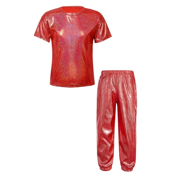 Sinleey Kids Hip Hop Outfits for Girls Boys Shiny Metallic Dance Tops and Sparkly Pants Trousers Set Red 170