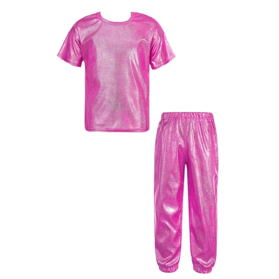 Sinleey Kids Hip Hop Outfits for Girls Boys Shiny Metallic Dance Tops and Sparkly Pants Trousers Set Rose Red 140