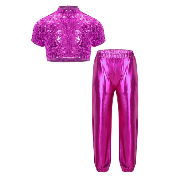Sinleey Kids Sequins Hip Hop Dance Costume Street Dancewear Sparkly Short Sleeve Shirts with Metallic Hot Pink 14