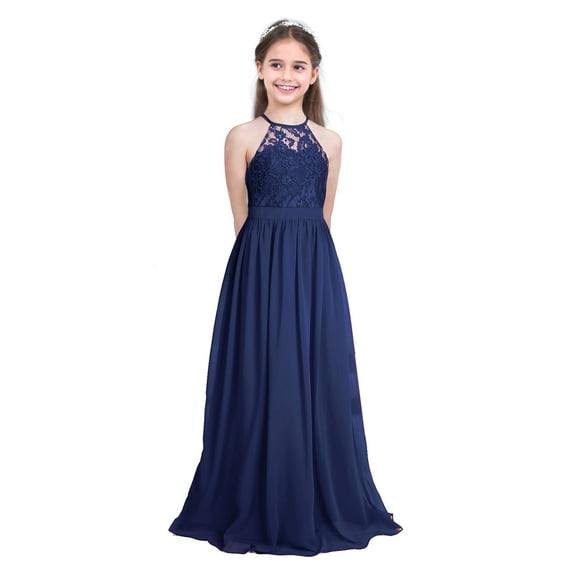 Sinleey Kids Wedding Flower Girl Dress Sleeveless Floral Lace Pageant Evening Prom Party Maxi Gown Navy Blue 12