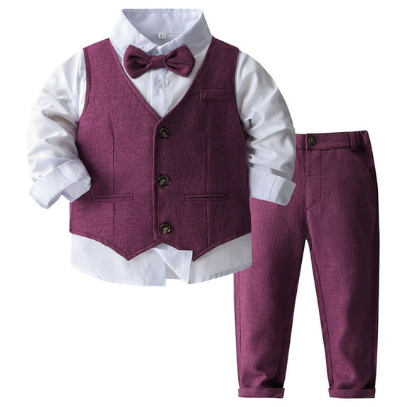 Sinleey Little Boys Gentleman Formal Suit Vest Bowtie Dress Shirt + Pants Birthday Party 4pcs Outfits Purple 3-4