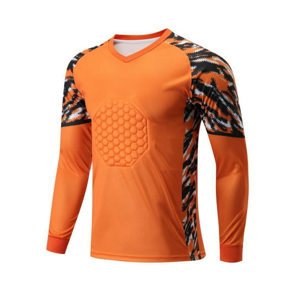 Sinleey Men Soccer Jersey Uniform Long Sleeve Goalkeeper Football Training Top Padded T-shirts Orange XL