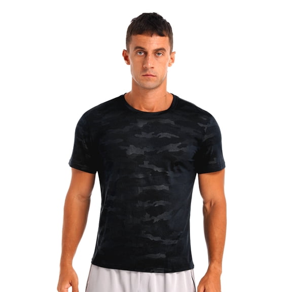 Sinleey Men's Camouflage Pattern Short Sleeve T-Shirt Quick Dry Athletic Running Workout Fitness Top Black L
