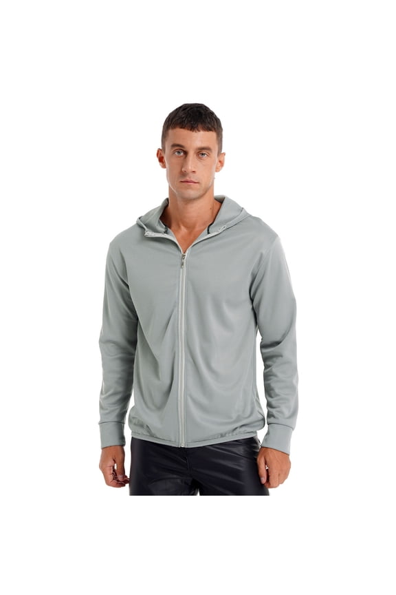 Men's Full Zip UPF 50+ Shirt Hooded Light Jacket Long Sleeves Sun Protection Rash Guard for Grey L