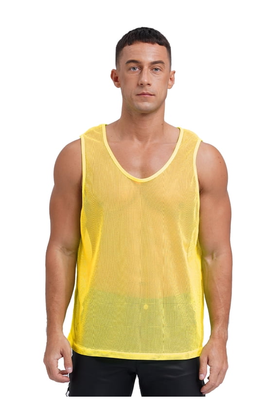 Men's Hollow Out Fishnet Tank Top Sleeveless Athletic Muscle T-Shirt Rave Vest Clubwear Yellow L