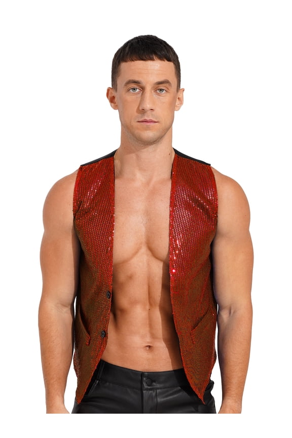 Men's Sequin Vest Shiny Suit Vest V-Neck Party Dress Jacket Tuxedo Waistcoat Red XL