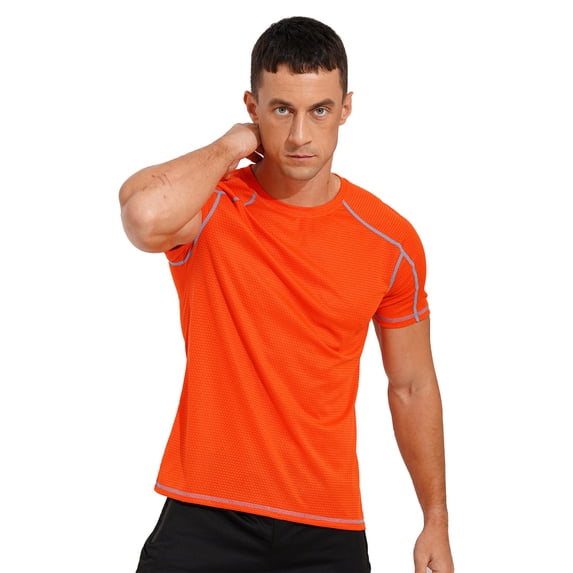 Sinleey Men’s Short Sleeve Quick Dry T-Shirt Muscle Athletic Waffle Tee Running Gym Workout Orange 5XL