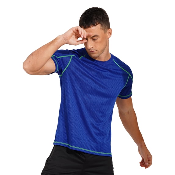 Sinleey Men’s Short Sleeve Quick Dry T-Shirt Muscle Athletic Waffle Tee Running Gym Workout Royal Blue M