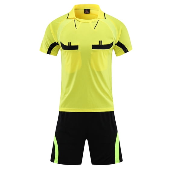 Sinleey Men's Soccer Referee Jersey Outfits Short Sleeve Pro Referee Shirts with Shorts Set Football Yellow XL