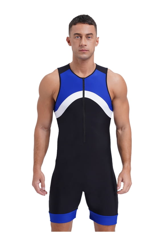 Mens Swimming Jumpsuit Sleeveless Zip Front Bodysuit Bathing Surfing Swimsuit Sport Unitard Blue L