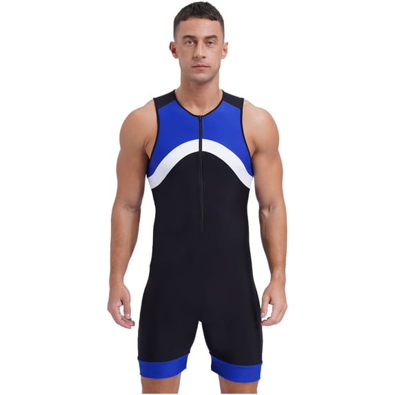 Sinleey Mens Swimming Jumpsuit Sleeveless Zip Front Bodysuit Bathing Surfing Swimsuit Sport Unitard Blue L