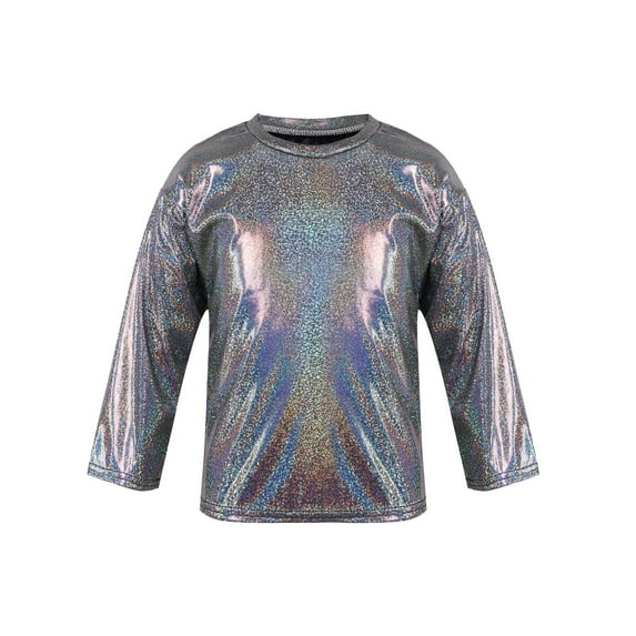 Sinleey Unisex Kids Teens Shiny Metallic Long Sleeve Shirt Round Neck Pullovers T-shirt Stage Party Black 130