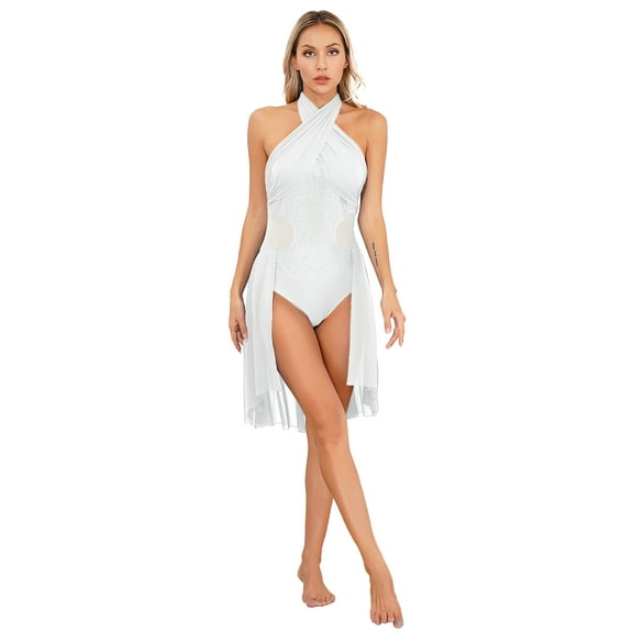 Sinleey Women Lyrical Dance Dress Sleeveless Leotard Dress Halter Neck Flowy Dress Contemporary White M
