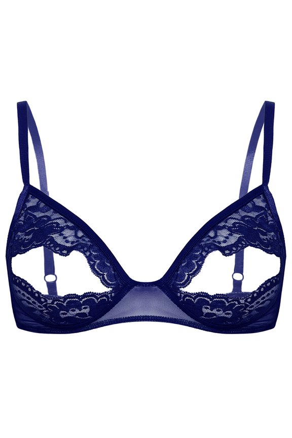 Women Sheer Lace Floral Portrait Open Tip Bra Unlined Push-up Bralette Underwear Nightwear Navy Blue S