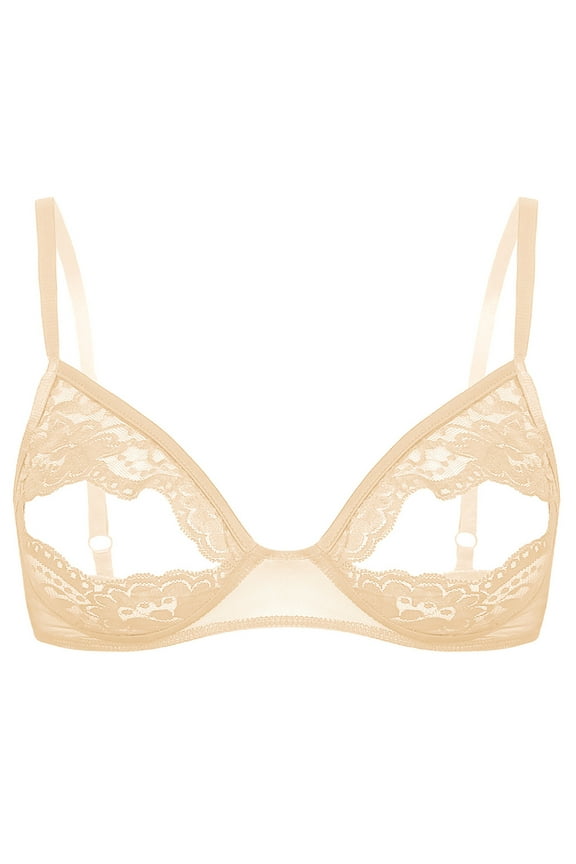 Women Sheer Lace Floral Portrait Open Tip Bra Unlined Push-up Bralette Underwear Nightwear Nude XXL