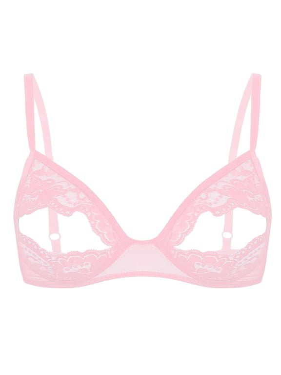 Women Sheer Lace Floral Portrait Open Tip Bra Unlined Push-up Bralette Underwear Nightwear Pink XXL