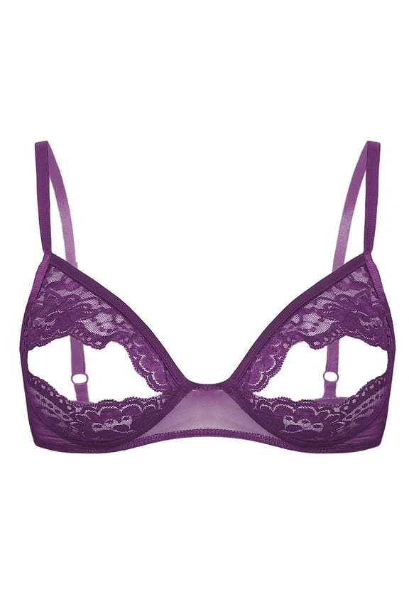 Women Sheer Lace Floral Portrait Open Tip Bra Unlined Push-up Bralette Underwear Nightwear Purple 3XL