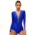thumbnail image 1 of Sinleey Women Sheer Mesh Long Sleeve Bodysuit Shiny Rhinestone Ballet Dance Gymnastics Leotard Blue XL, 1 of 6