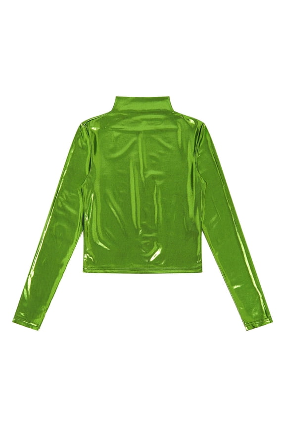 Women's Long Sleeve Sparkly Party Glitter Shiny Metallic Tops Disco Dance Shirts Clubwear Green M