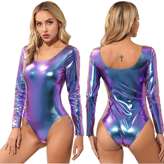 Sinleey Women's Metallic Liquid Leotard Bodysuit Long Sleeves Gymnastics Dance Costume Colorful L