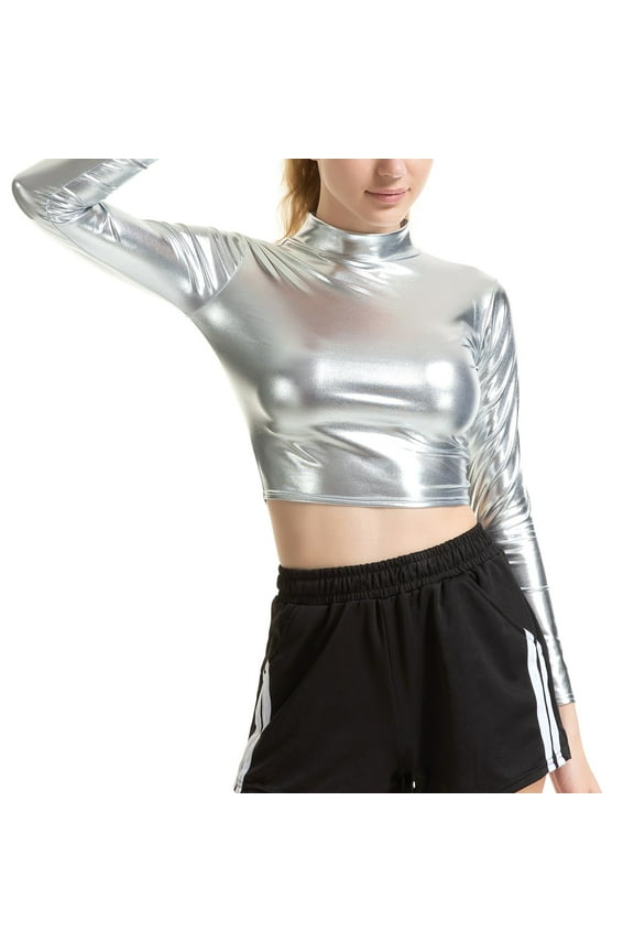 Women's Shiny Long Sleeve Tops Metallic Shirts Glitter Blouse Mock Neck Tees Sparkle Disco Silver S