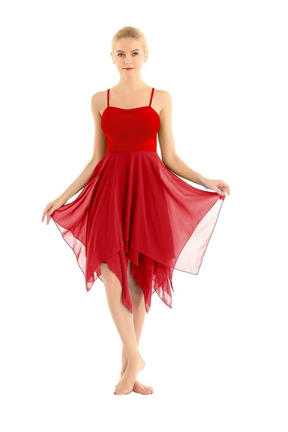 Womens Lyrical Ballet Dancewear Mesh High-Low Hem Modern Dance Dress Red L