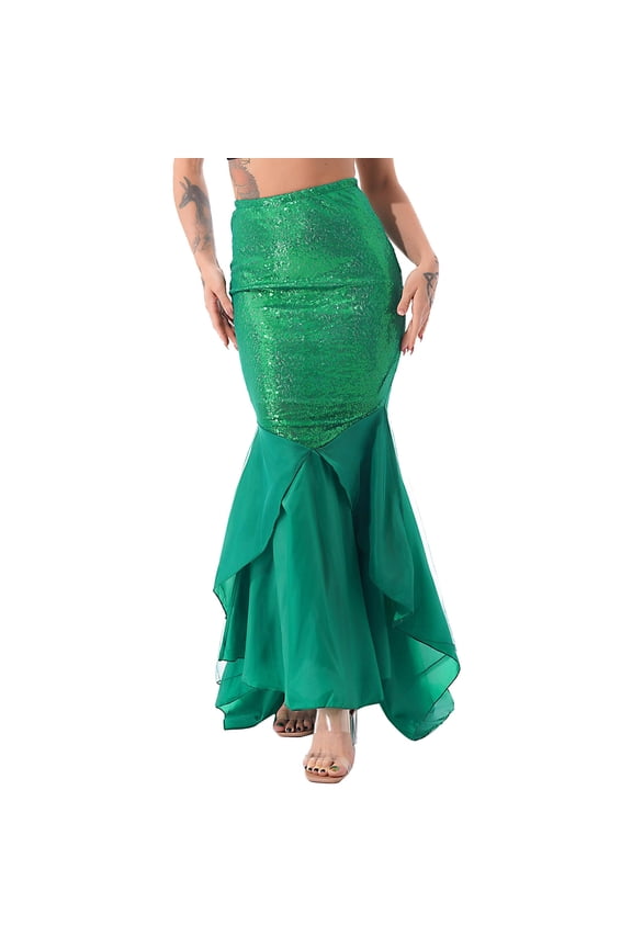 Womens Sequin Mermaid Asymmetric Mesh Long Tail Skirts Halloween Cosplay Party Costumes A Green S