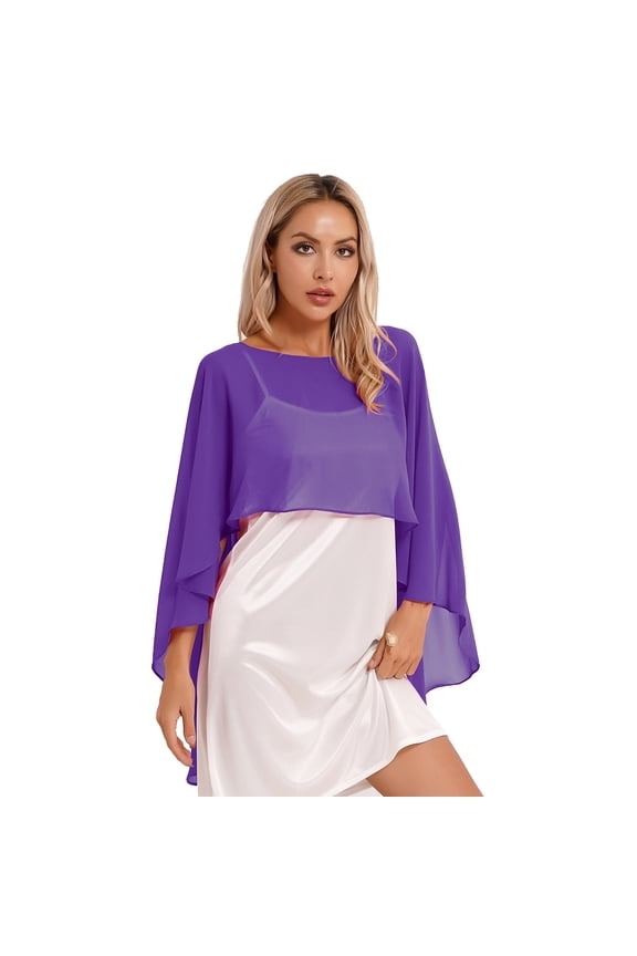 Womens Sheer Chifffon Summer Beachwear High Low Shawl Wedding Bridal Capes Shrug Purple One Size