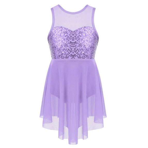 SinleeyKids Girls Lyrical Ballet Dance Dress Shiny Sequins Gymnastics Ice Skating Leotard Costume Lavender 8