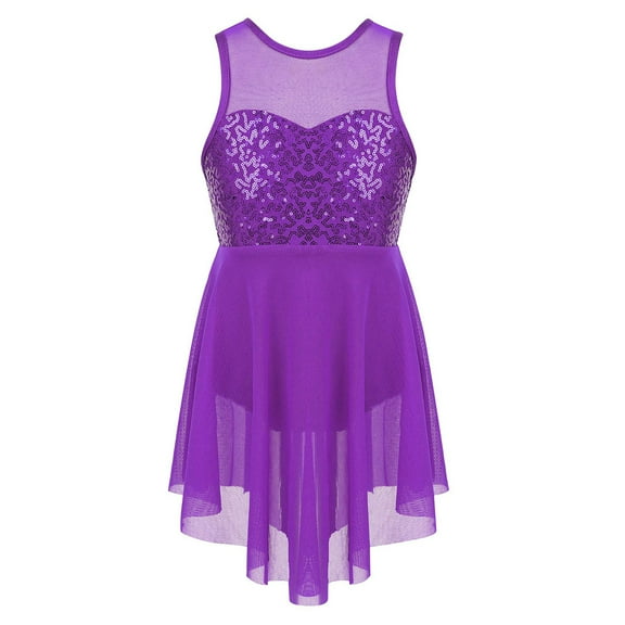 SinleeyKids Girls Lyrical Ballet Dance Dress Shiny Sequins Gymnastics Ice Skating Leotard Costume Purple 6