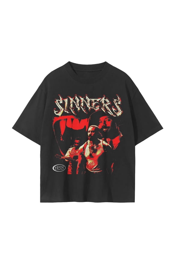 Sinners Graphic Streetwear T-Shirt, Vampire Fang & Retro Band Print,Black Color,Size 2XL