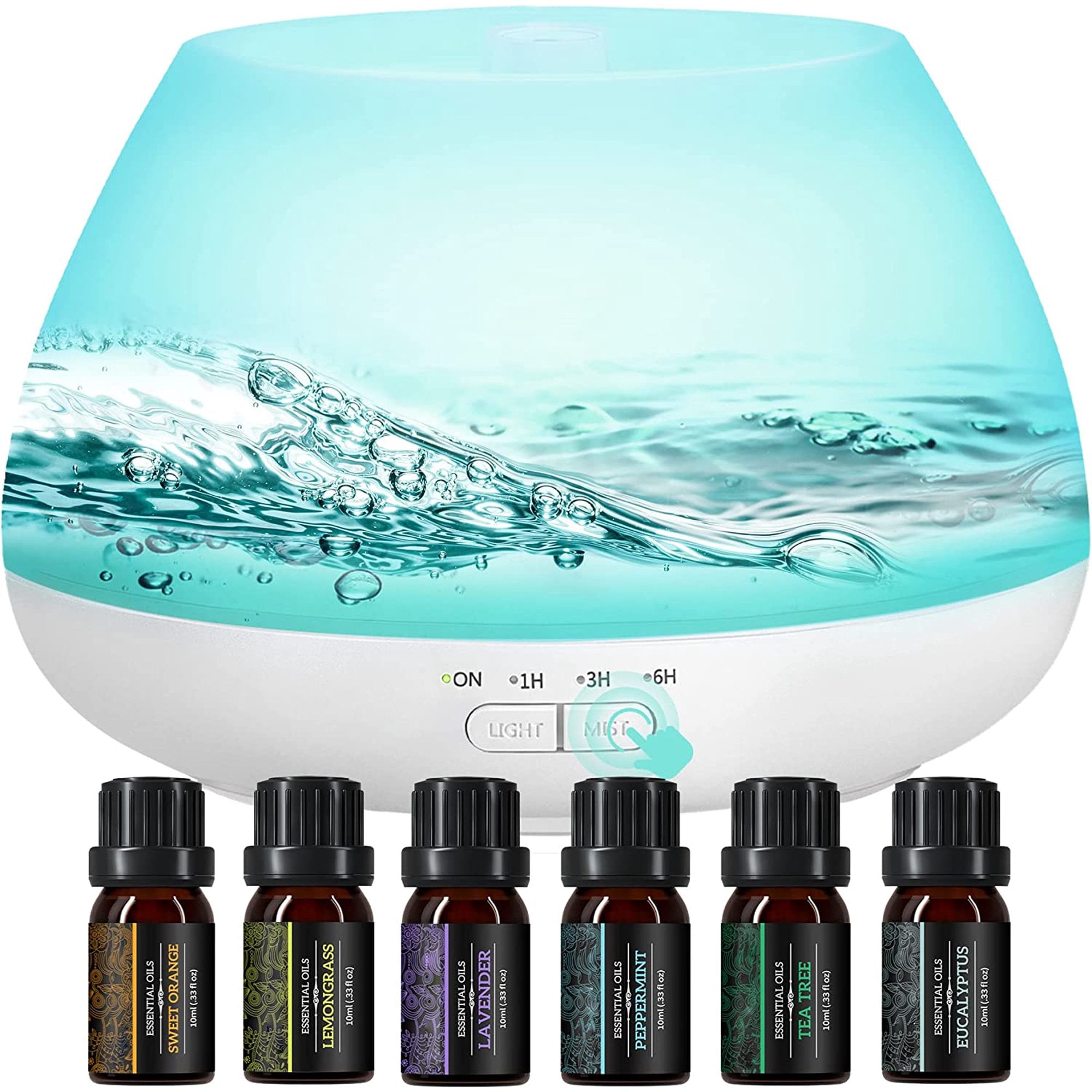 Oil Diffuser Essential Oils Included 6 Pack, 500ml Essential Oil Diffuser Large Room, 8 Colors+23dB Quiet Essential Oil Diffusers for Essential Oils