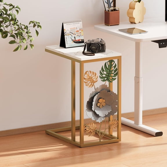 SinnyFlour C-Shaped End Table with Faux Marble Top, 2-Tier Gold Side Table, Living Room Furniture