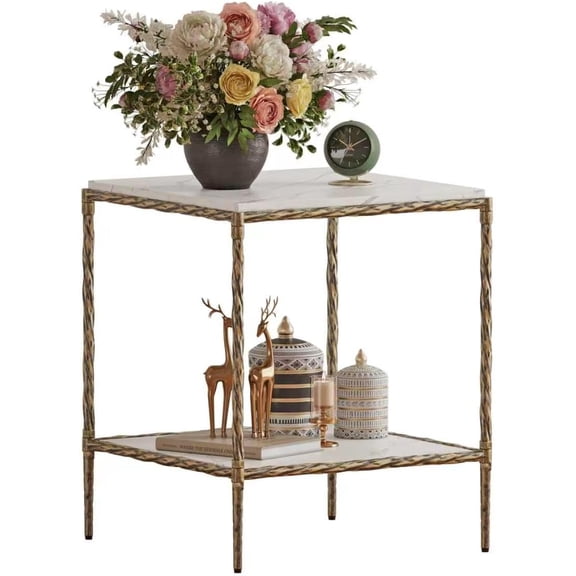 SinnyFlour Square End Table, Faux Marble Top, Gold Finish, 2-Tier, Modern Accent