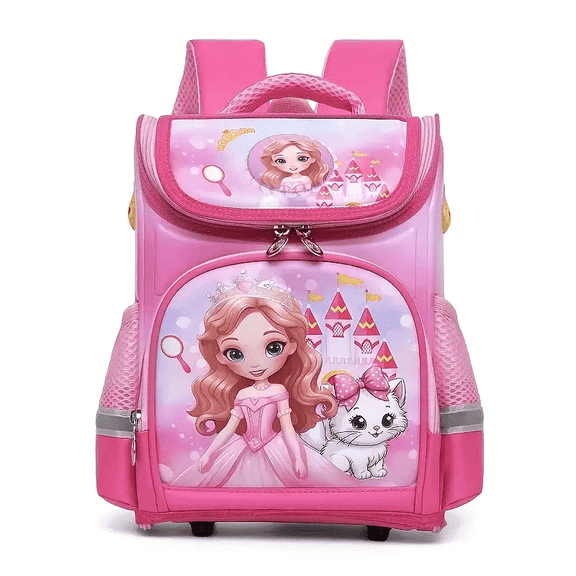 Children's backpack with adjustable shoulder straps, breathable mesh pockets, student backpack for kids. Princess and Kitty Pink