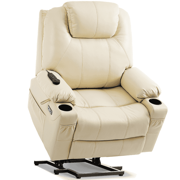 Sino Luban Dual Motor Power Lift Recliner Chair for Elderly with Massage and Heat, Electric Lift Chair for Big and Tall Adults, USB A&C, 2 Cup Holders (T6013 - Faux Leather, Cream White, Oversized)