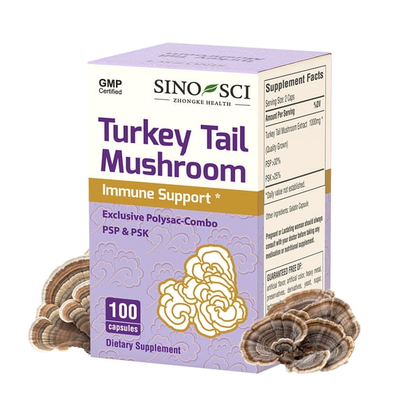 Sino-Sci Turkey Tail Mushroom Organic Supplement, for Immune Support, Sleep Aid & Anti-Anxiety, Brain Booster, Non-GMO Fruit Body,100 Capsules