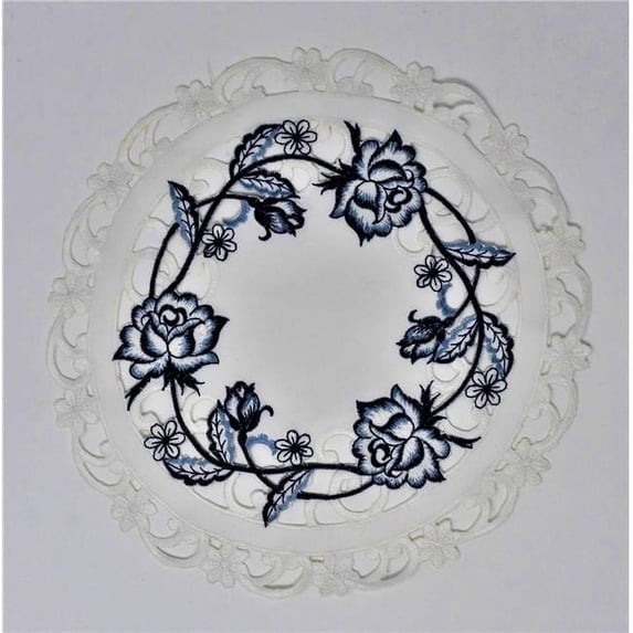 Sinobrite H8459-008 8 in. Blue Rose on White Fabric Doily