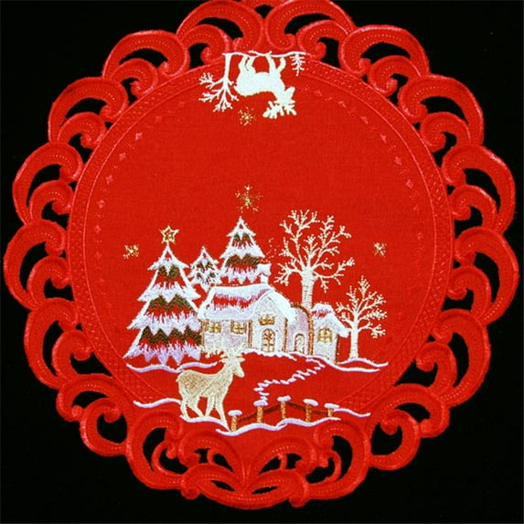 Sinobrite H8837-R Reindeer Red Cloth Round Doily- 16 in.