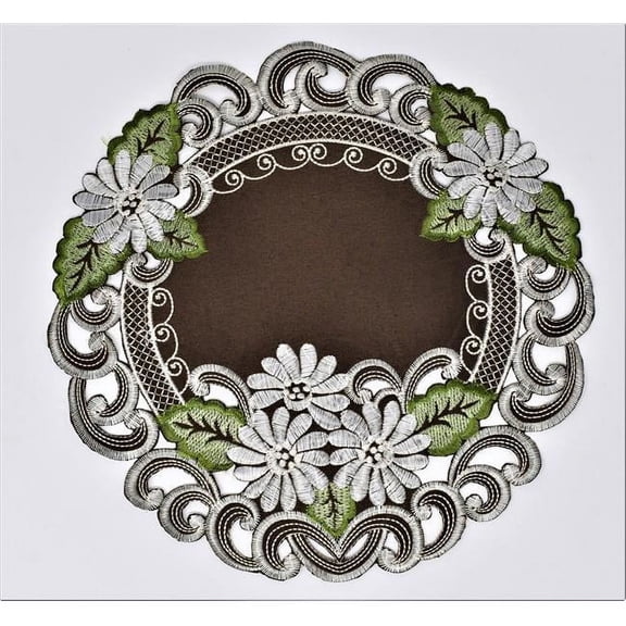 Sinobrite H8852-1-016 16 in. White Daisy Green Leaves on Brown Fabric Doily