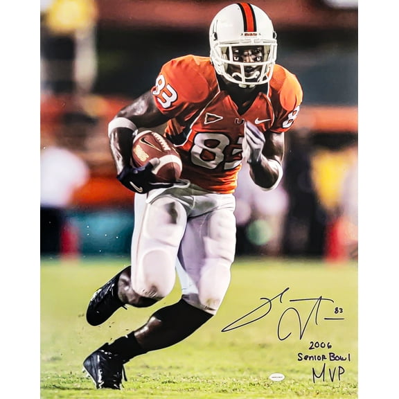Sinorice Moss Autographed 16x20 Photo Miami Hurricanes "2006 Senior Bowl MVP" GTSM 209018