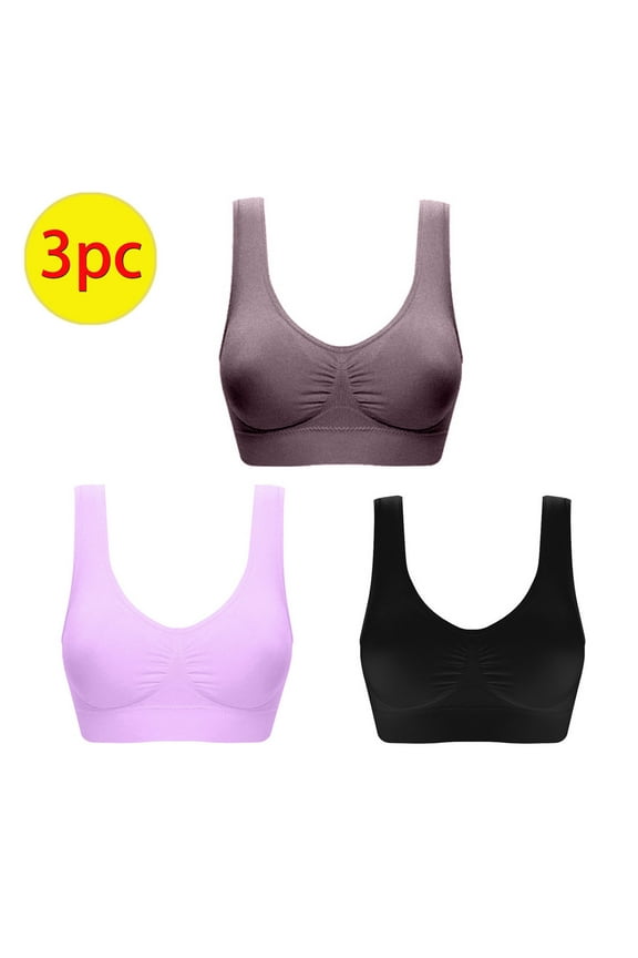 3 Pack Womens Sports Bras Wire-Free Push-Up Padded Pullover Support Bralettes Underwear Basic Comfort Stretchy Solid Full-Coverage Yoga Seamless-Bra Christmas Outfits