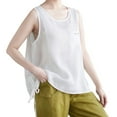 thumbnail image 1 of Sinpiling Cotton Linen Tank Tops for Women Casual Loose Fit Lightweight Sleeveless Crew Neck Camisoles T Shirts Solid Side Slit Drawstring Vest with Pocket Christmas Gifts, 1 of 3