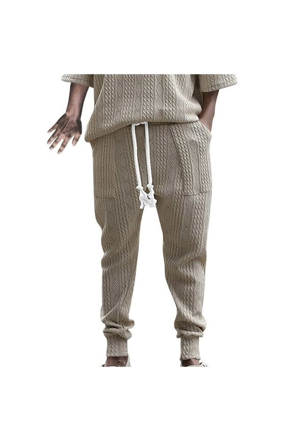 Crochet Knitted Pants for Men with Pockets Comfort Drawstring Elastic Waist Trousers Casual Tapered Leg Relaxed Solid Textured Loose Athletic Pant Christmas Gifts