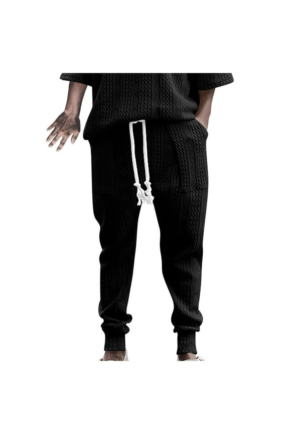Crochet Knitted Pants for Men with Pockets Comfort Drawstring Elastic Waist Trousers Casual Tapered Leg Relaxed Solid Textured Loose Athletic Pant Christmas Gifts