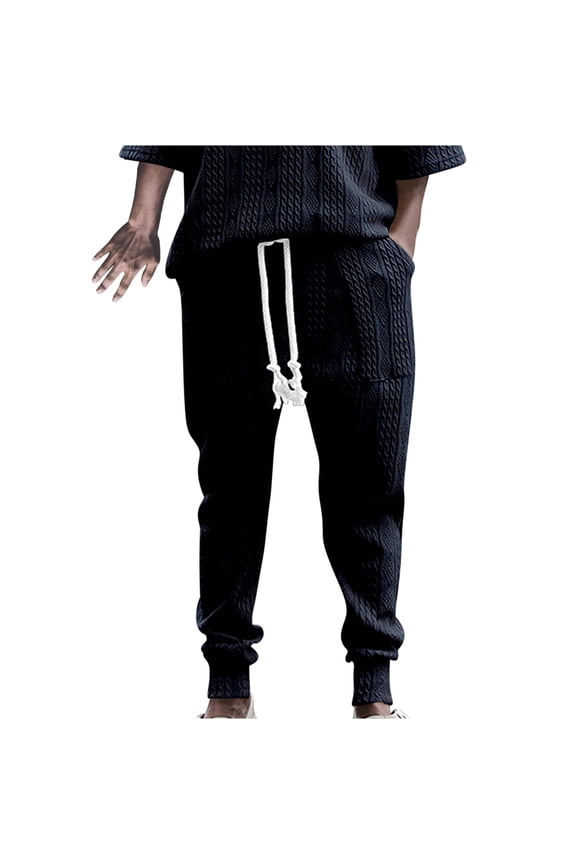 Crochet Knitted Pants for Men with Pockets Comfort Drawstring Elastic Waist Trousers Casual Tapered Leg Relaxed Solid Textured Loose Athletic Pant Christmas Gifts